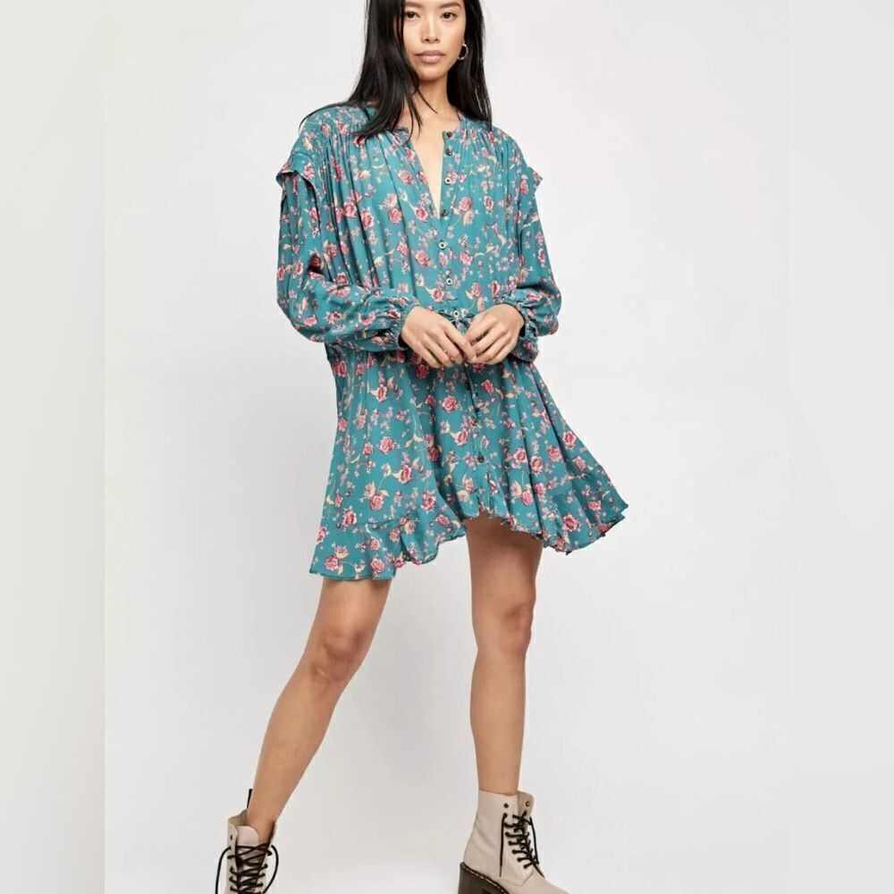 Free People Flower Fields Mini Dress Emerald Combo Green Drawstring | medium